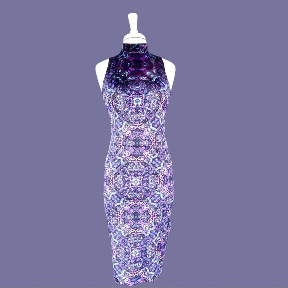 Mystic Purple Velvet Bodycon Dress High Neck Mandala Cosmic Print Dark Romance